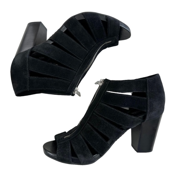 Michael Kors Sherry Black Suede Strappy Cage Staked Heel Sandals Women’s Size 9M - Picture 6 of 16